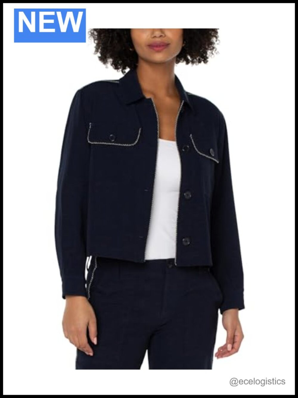 Cropped Shacket with Chain Trim Long Sleeve Zip Front Patch Pocket